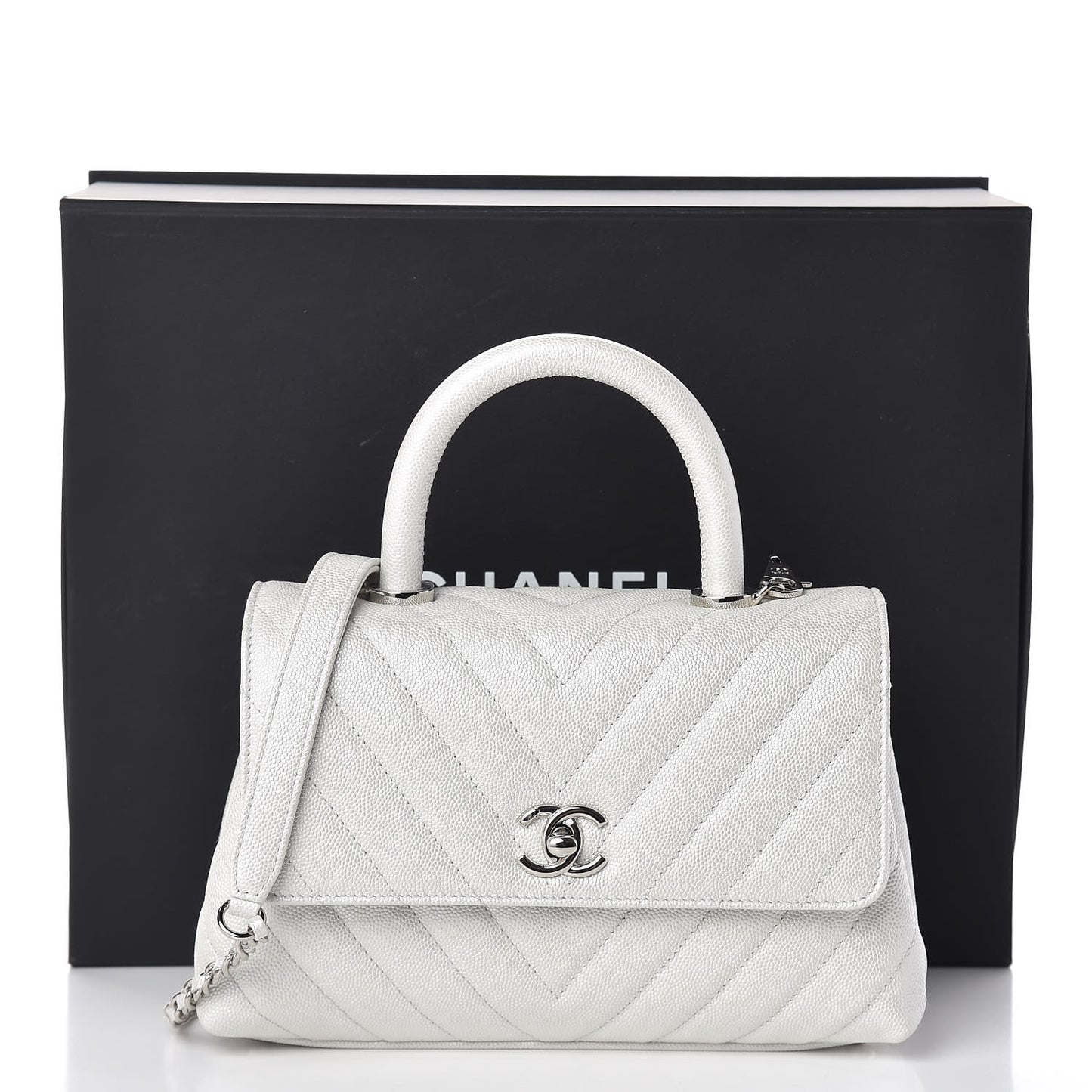 Iridescent Caviar Chevron Quilted Mini Coco Handle Flap White
