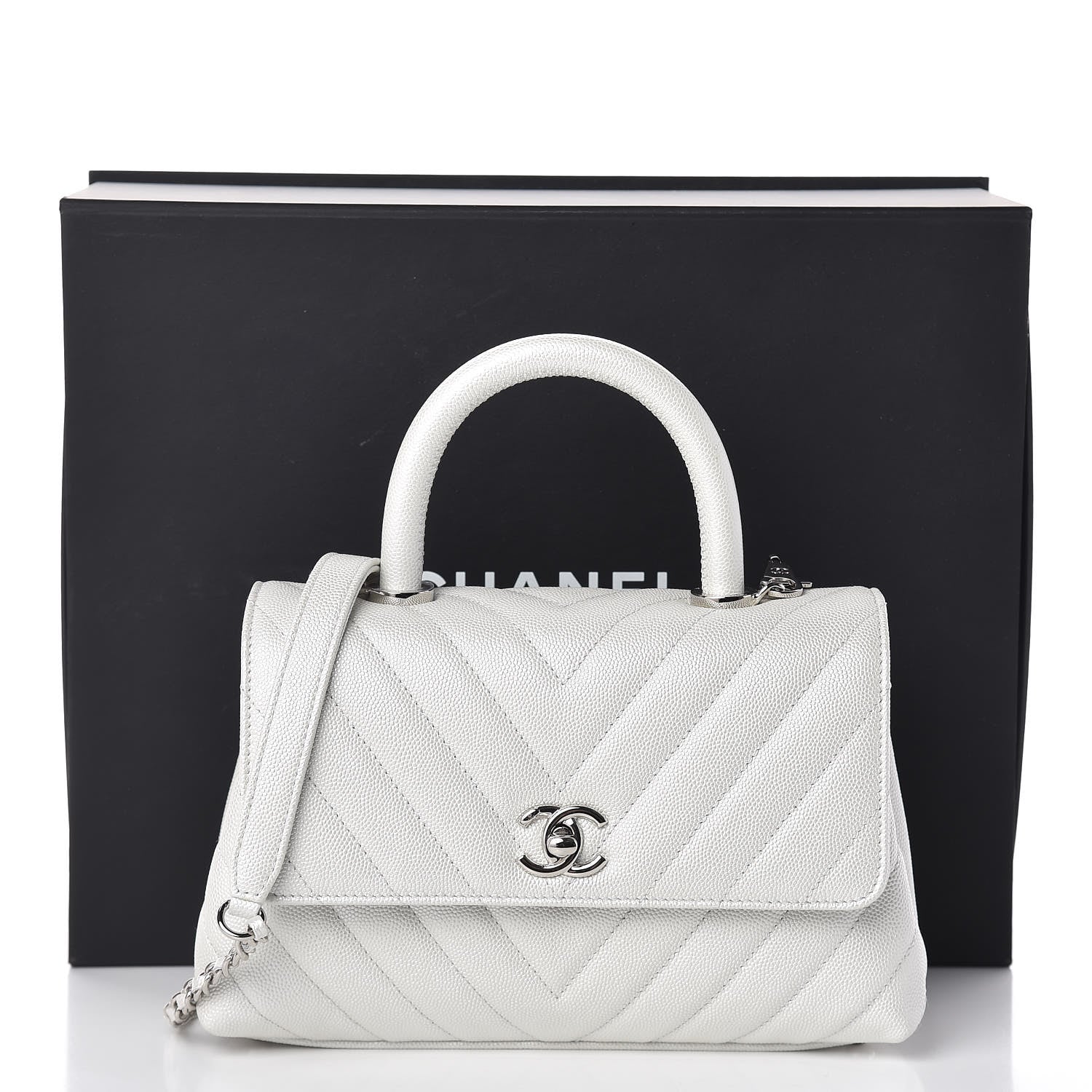 Chanel Iridescent Caviar Chevron Quilted Mini Coco Handle Flap White 11 of 11