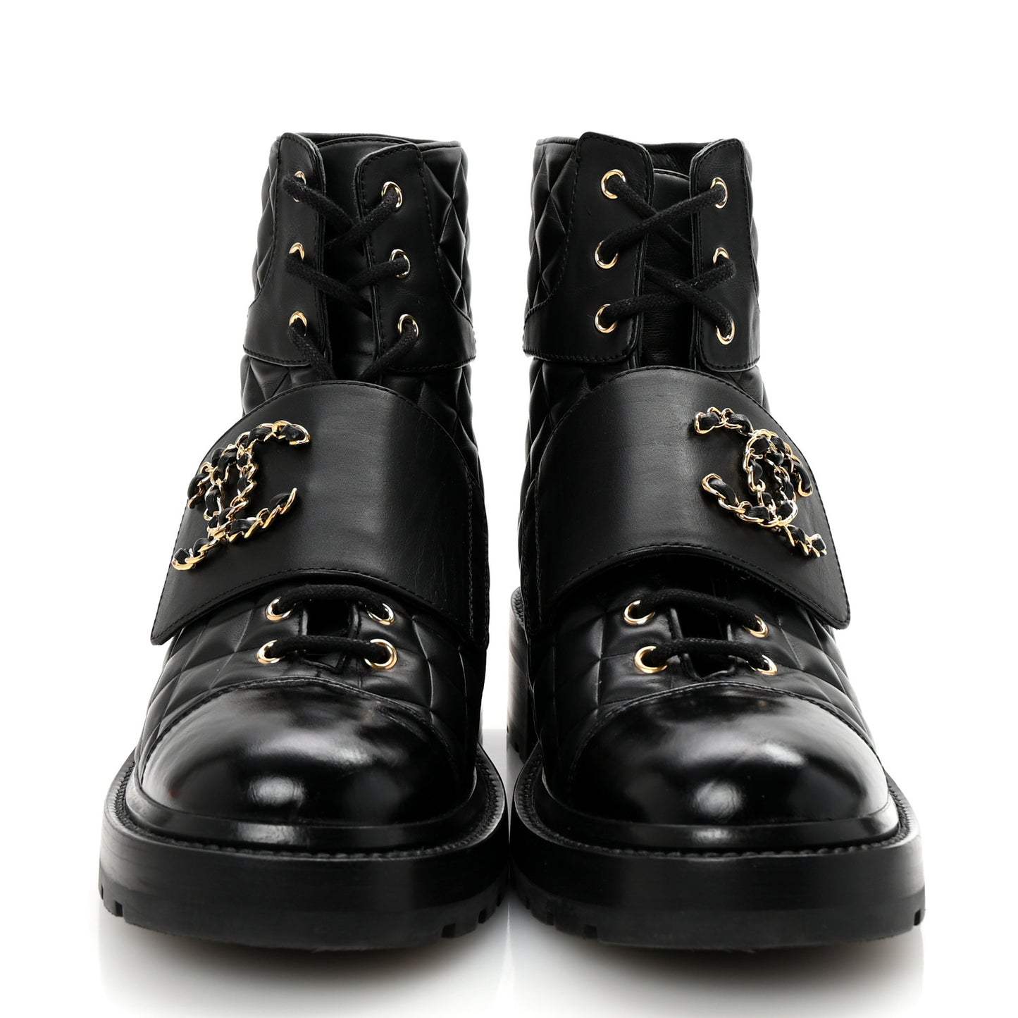 Shiny Calfskin Quilted Lace Up Combat Boots 40.5 Black