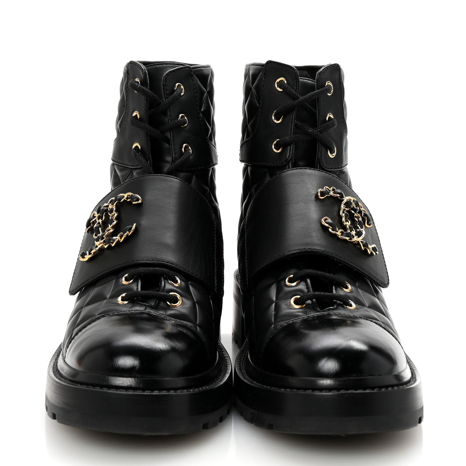 Chanel Shiny Calfskin Quilted Lace Up Combat Boots 40.5 Black 3 of 10