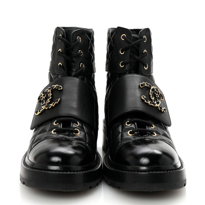 Chanel Shiny Calfskin Quilted Lace Up Combat Boots 40.5 Black 3 of 10