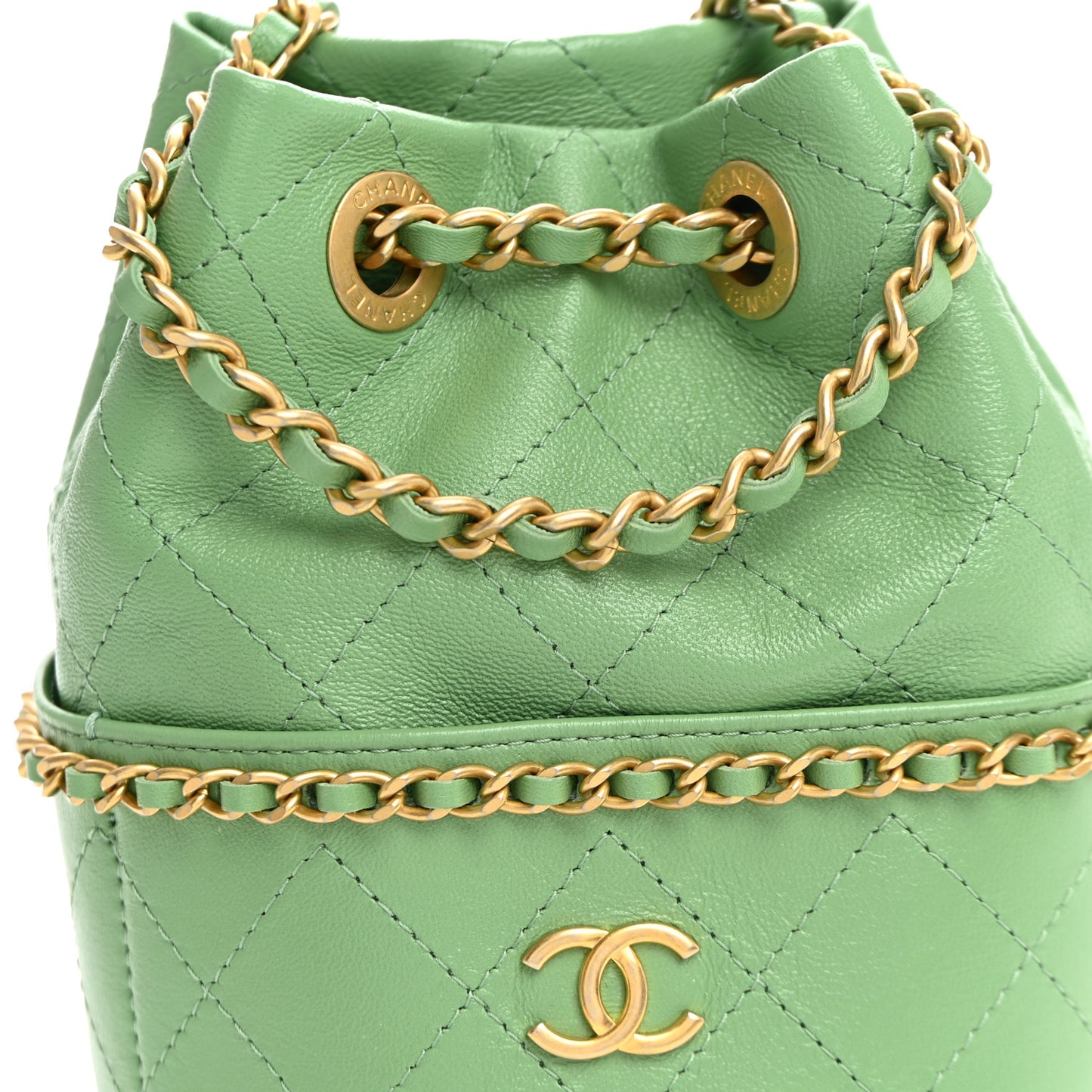 Shiny Lambskin Quilted Chain Around Drawstring Bucket Clutch With Chain Green