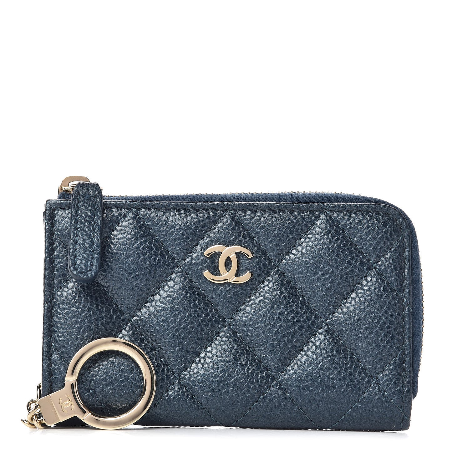 Iridescent Caviar Quilted Zipped Key Holder Case Dark Blue