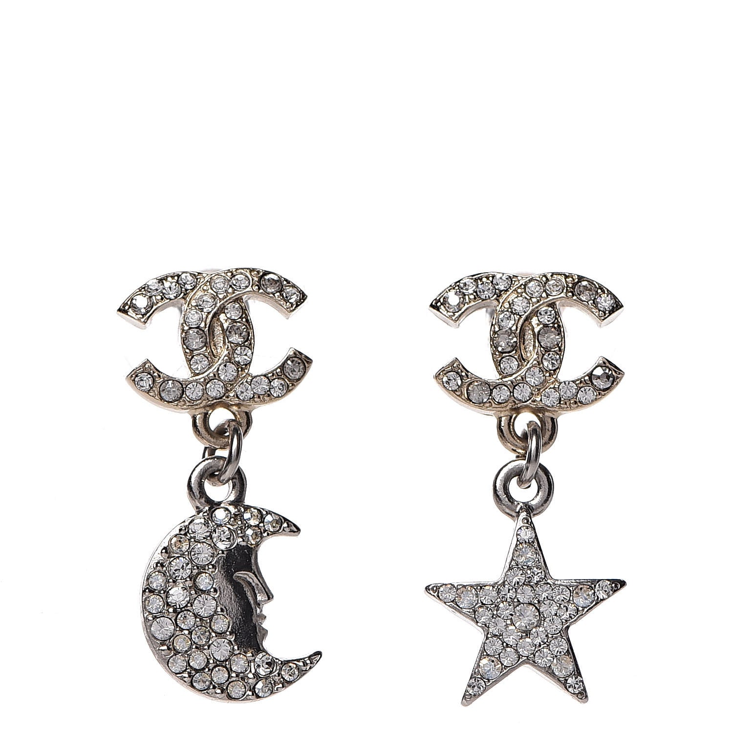 Chanel Ruthenium Crystal CC Star Moon Earrings Grey Gold 1 of 5