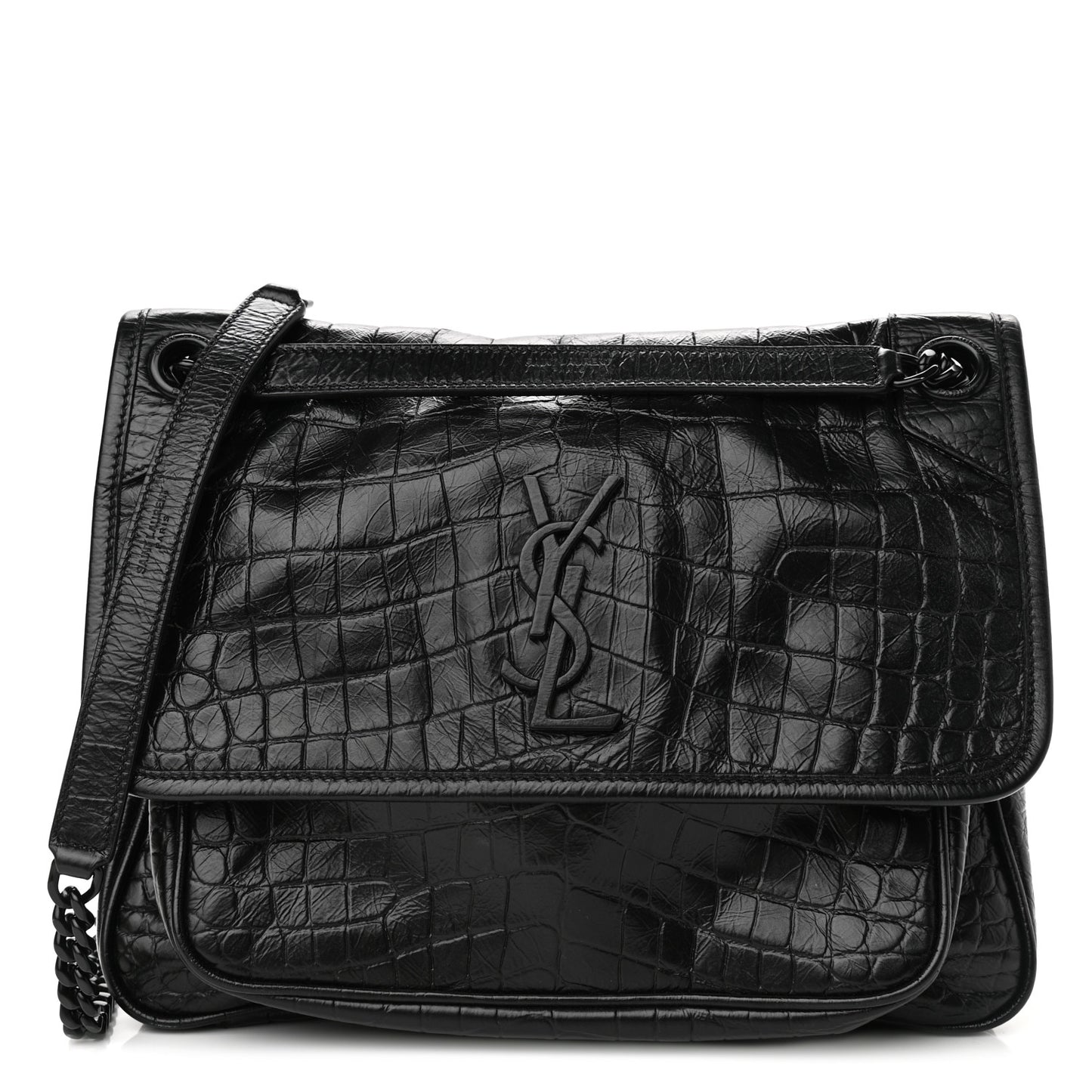 Crocodile Embossed Lambskin Monogram Medium Niki Chain Satchel Black