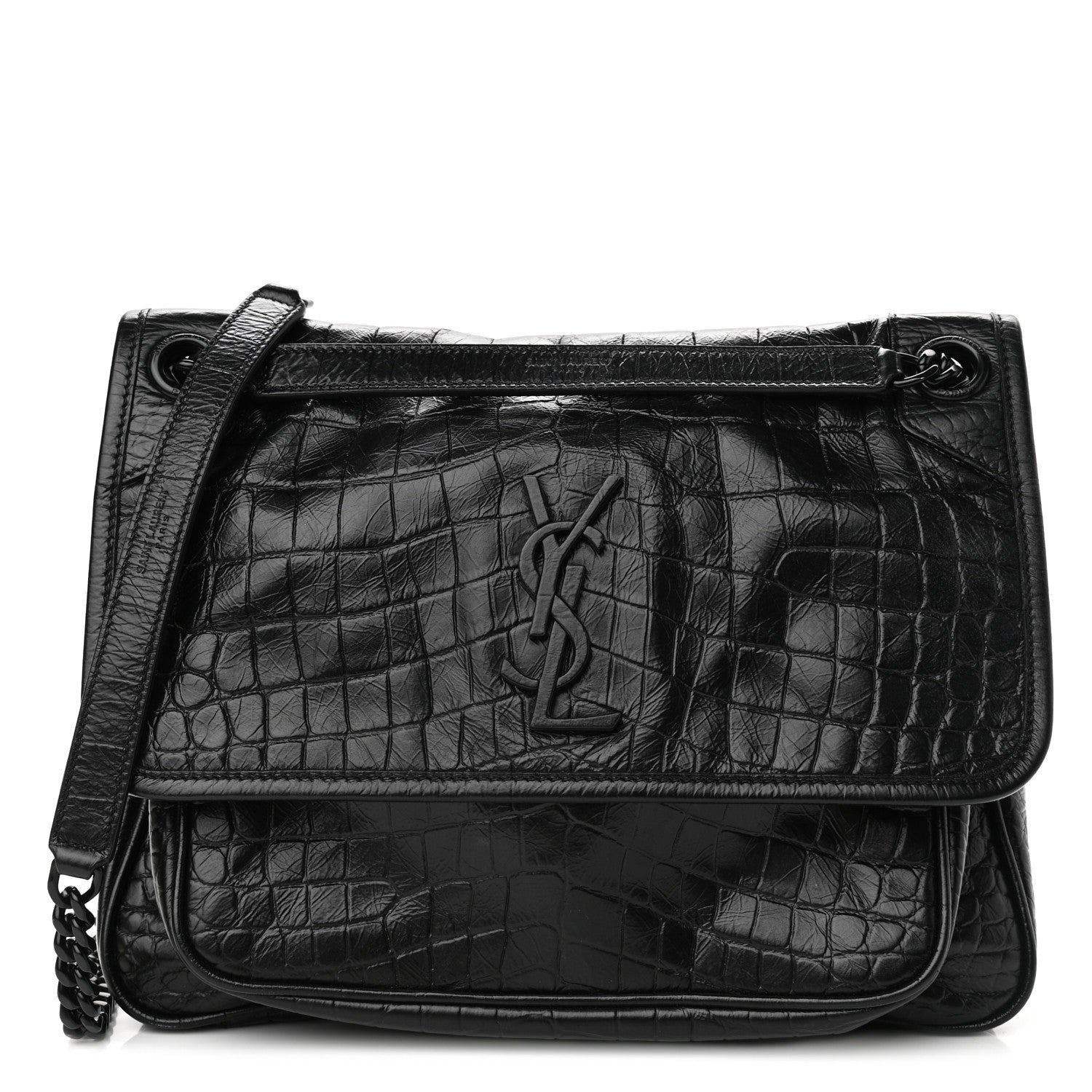 Saint Laurent Crocodile Embossed Lambskin Monogram Medium Niki Chain Satchel Black 1 of 12