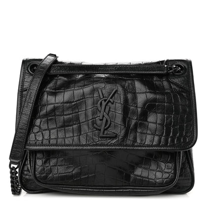 Saint Laurent Crocodile Embossed Lambskin Monogram Medium Niki Chain Satchel Black 1 of 12