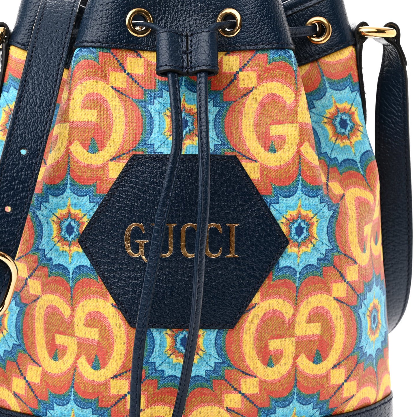 GG Supreme Kaleidoscope Calfskin Script Logo Gucci 100 Bucket Drawstring Bag Blue Orange Multicolor Blue Agata