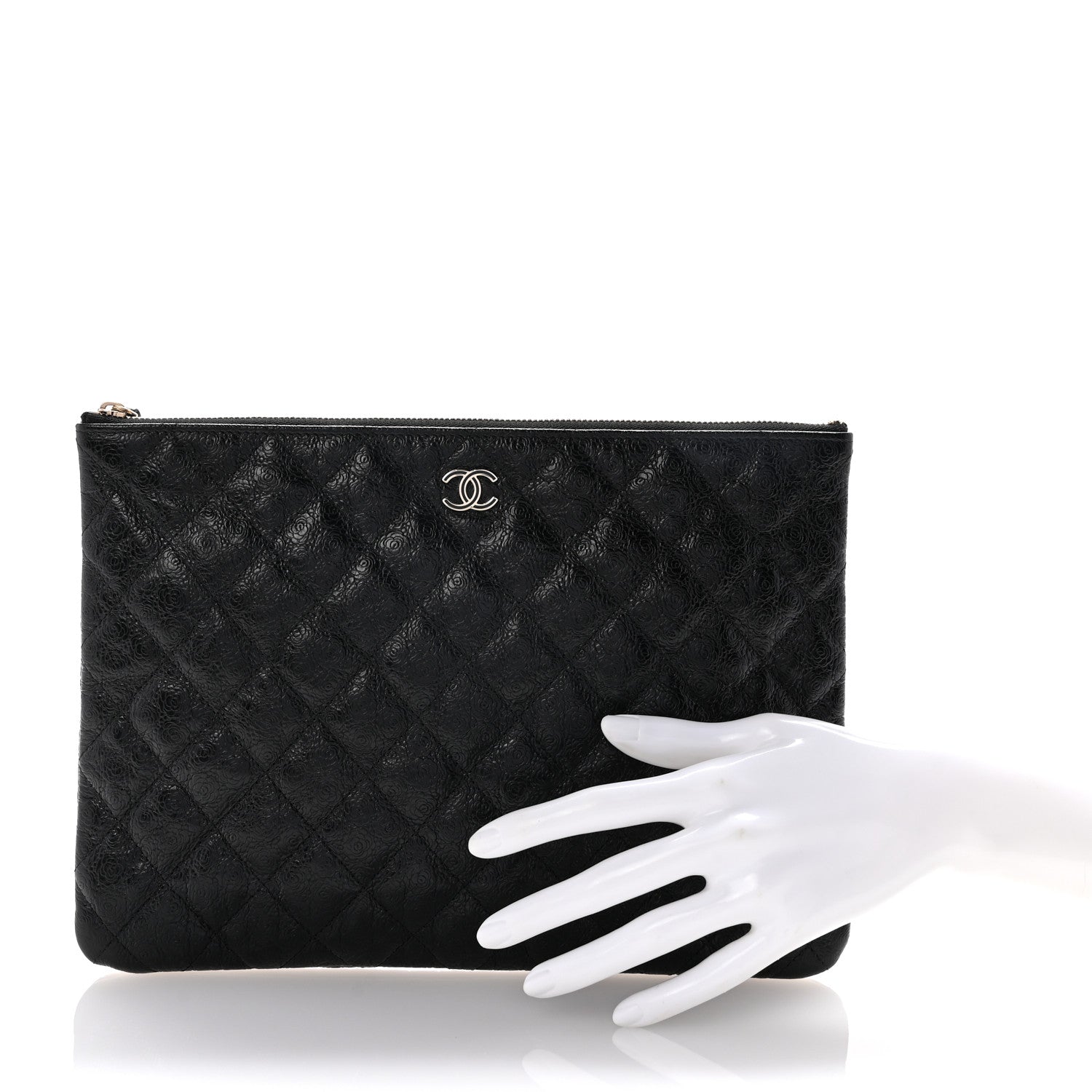 Chanel Calfskin Camellia Embossed Quilted Medium Cosmetic Case Black 2 of 7