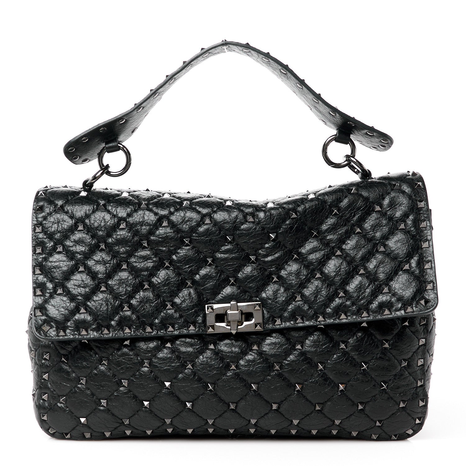 Valentino Garavani Craquele Nappa Large Rockstud Spike Shoulder Bag Black 1 of 11