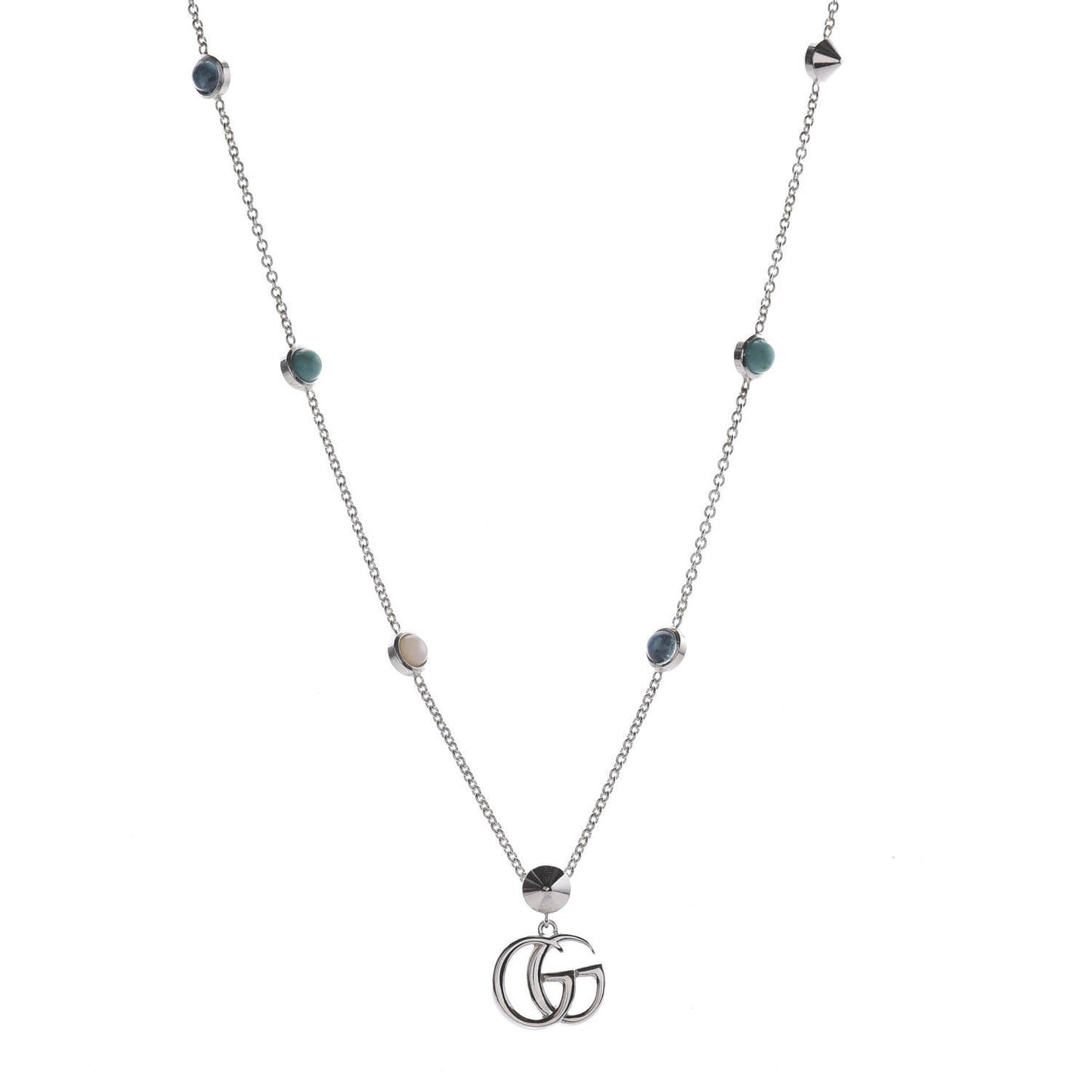 Sterling Silver Blue Topaz Mother of Pearl Double GG Pendant Necklace Blue