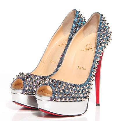 Christian Louboutin Lame Satin Lady Peep Spikes 150 Pumps 37 Turquoise Violet Silver 3 of 5