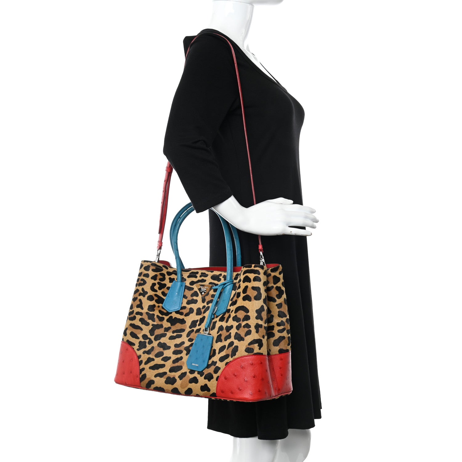 Prada Calf Hair Ostrich Leopard Print Medium Double Bag Miele Voyage 2 of 10