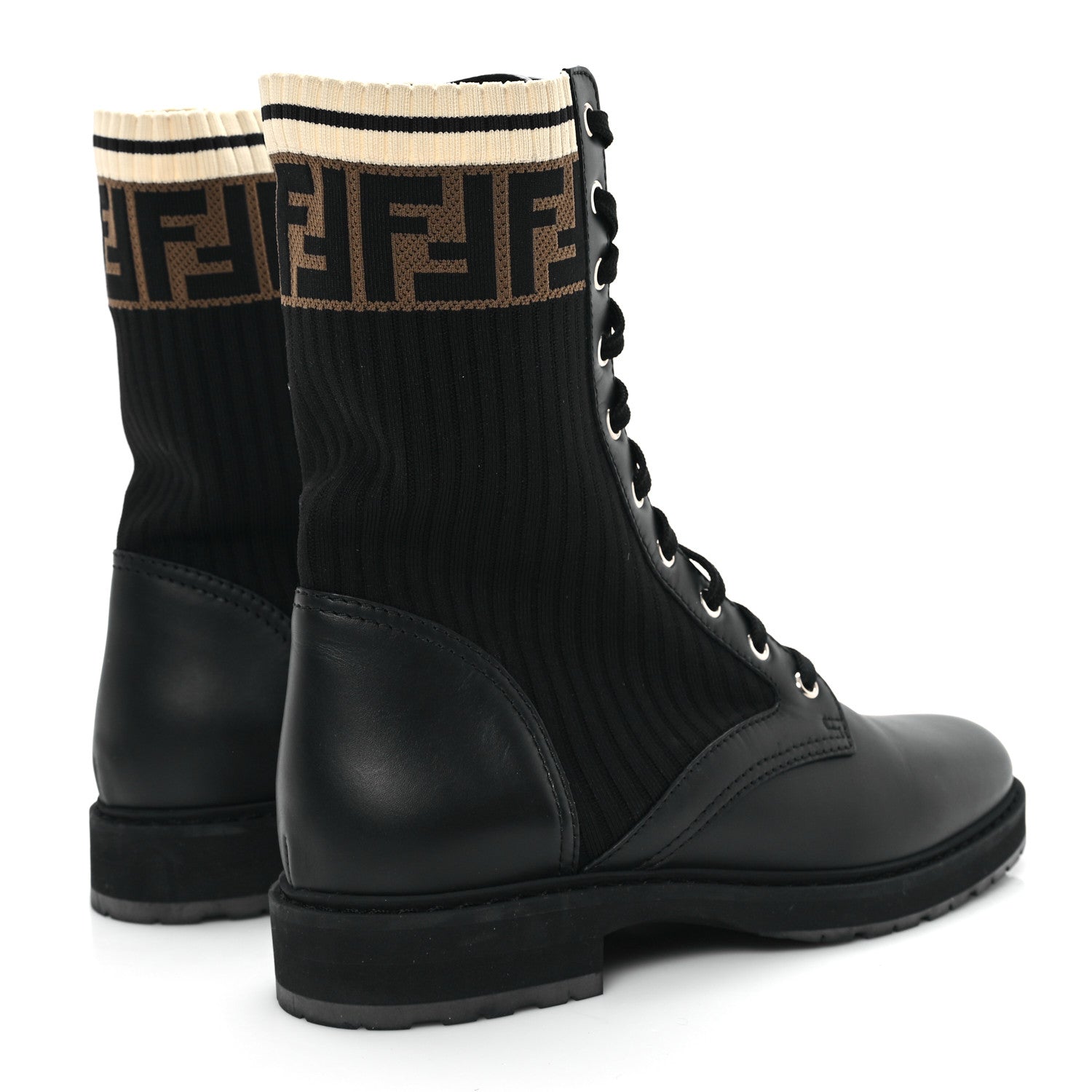 Fendi Calfskin Stretch Fabric Rockoko Biker Boots 41 Tobacco Black Marino 5 of 9