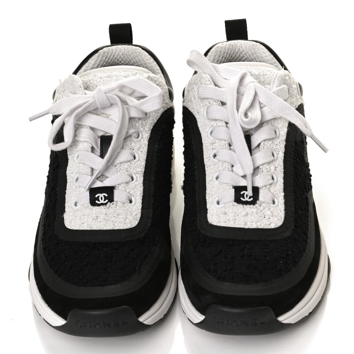 Chanel Tweed Suede Calfskin CC Sneakers 37 Black White 5 of 11