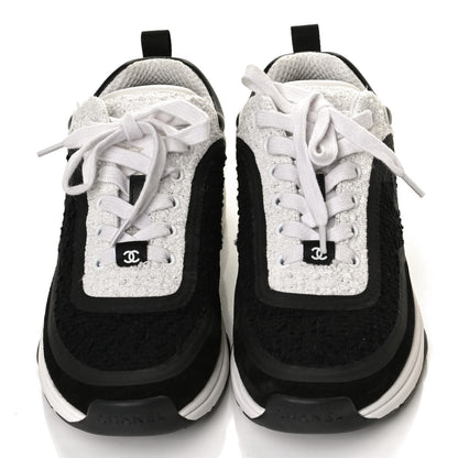 Chanel Tweed Suede Calfskin CC Sneakers 37 Black White 5 of 11