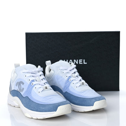 Chanel Nylon Calfskin Suede Womens CC Sneakers 39.5 White Grey Blue 10 of 10
