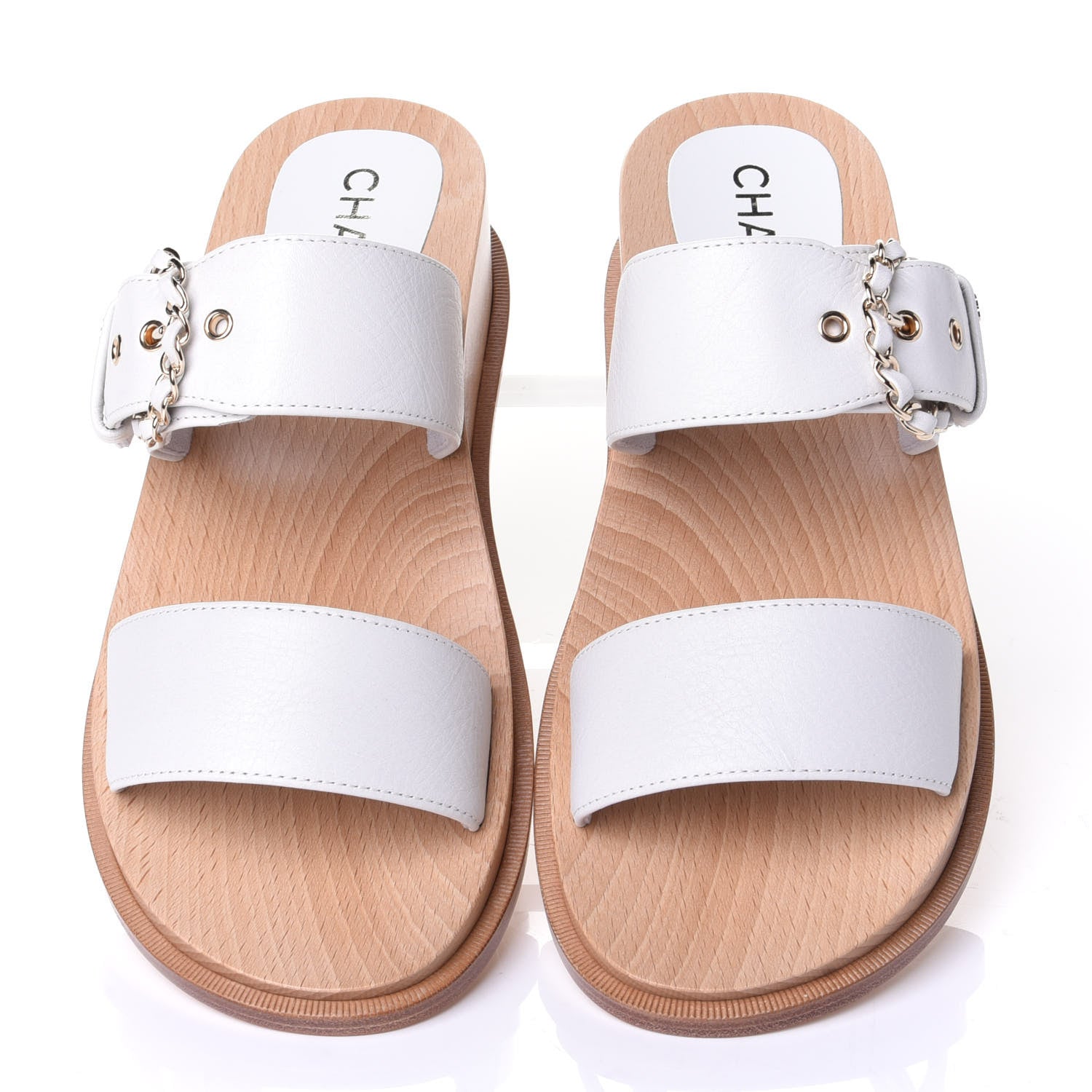 Chanel Calfskin Wood Buckle Sandals 40 White 5 of 11