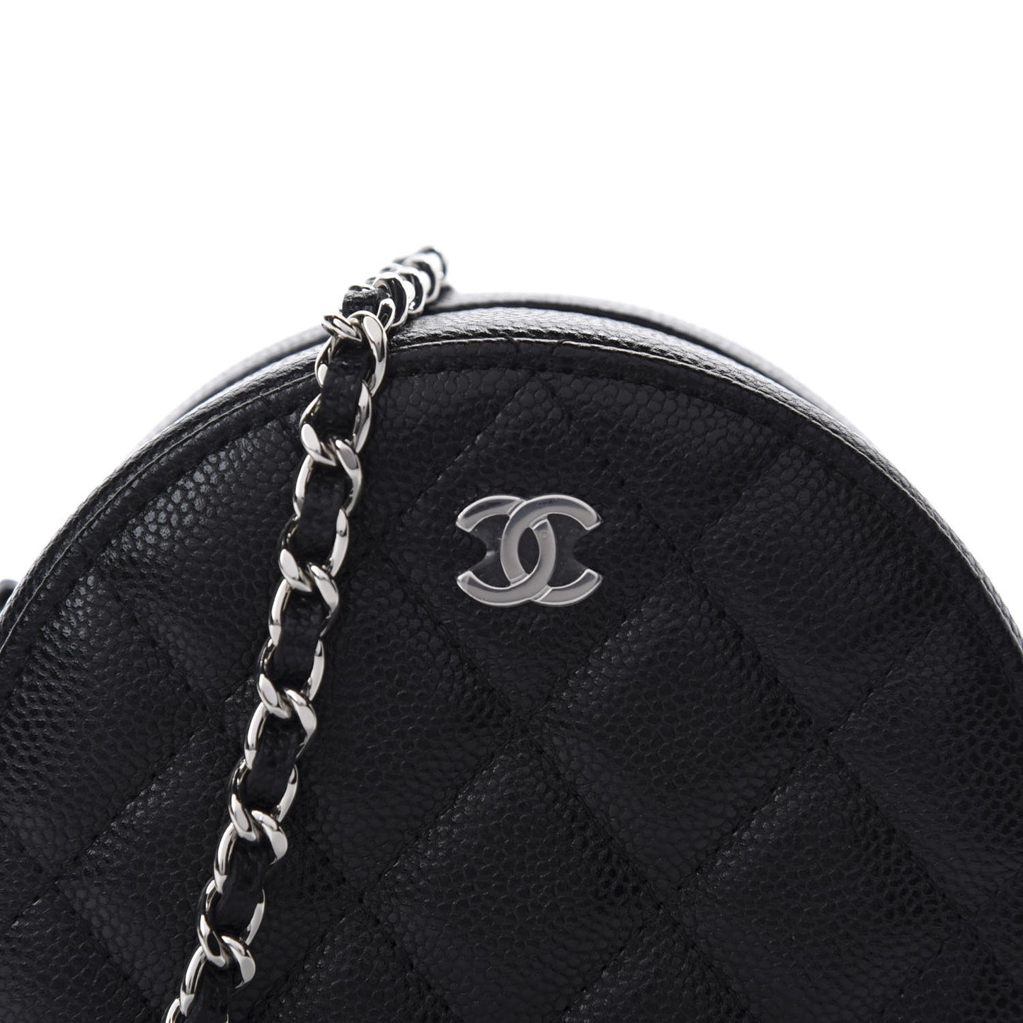 Caviar Quilted Round Clutch With Chain Black