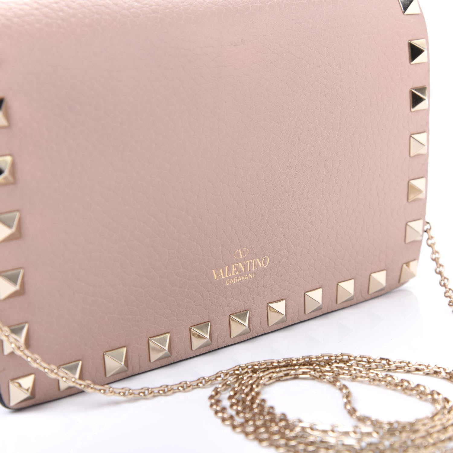 Valentino Garavani Pebbled Calfskin Rockstud Wallet on Chain Poudre 7 of 10