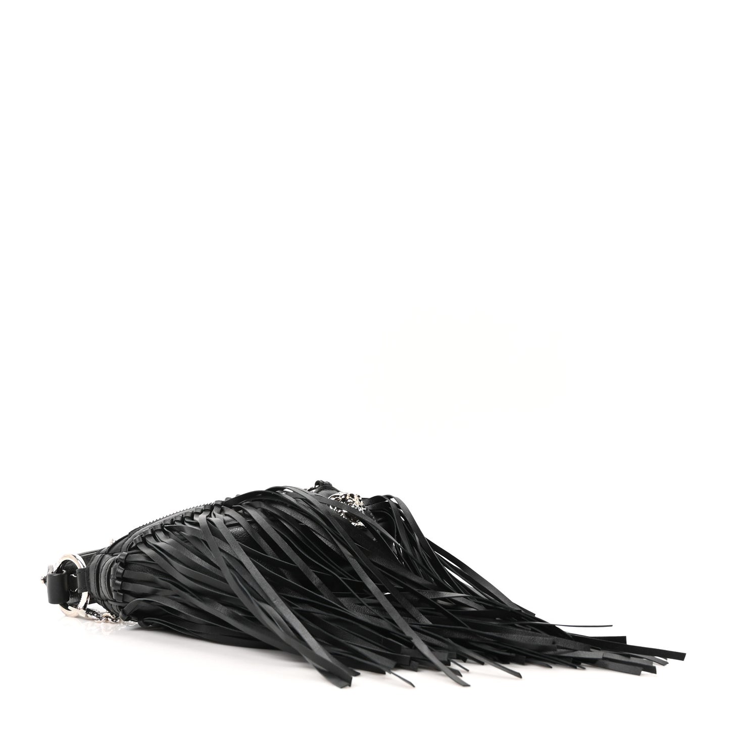 Calfskin Studded Mini Fringe Repeat Zip Hobo Black