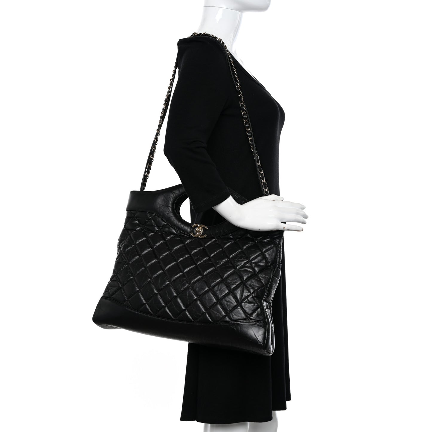 Shiny Crumpled Calfskin Quilted Large 31 Shopping Bag Black