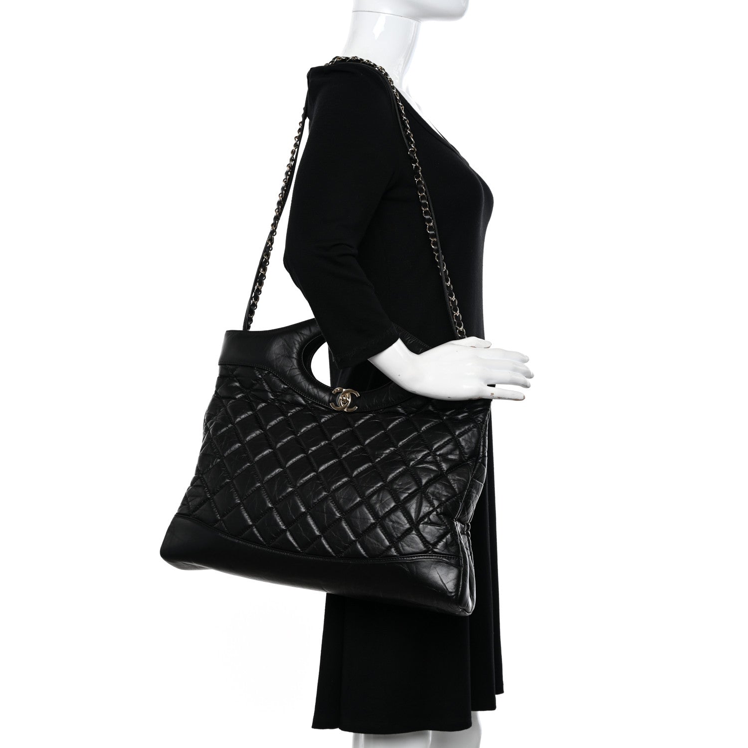 Chanel Shiny Crumpled Calfskin Quilted Large 31 Shopping Bag Black 2 of 10