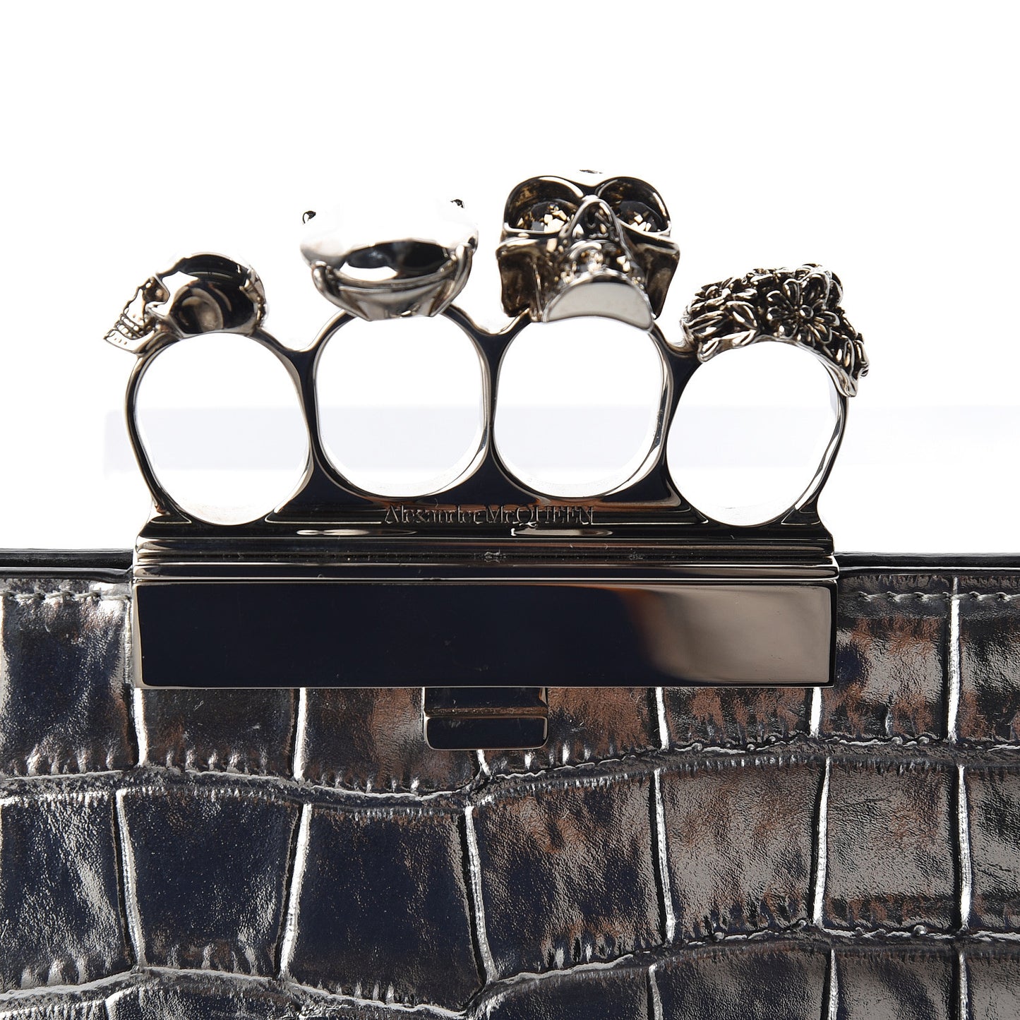 Metallic Crocodile Embossed Calfskin Knuckle Flat Clutch Silver