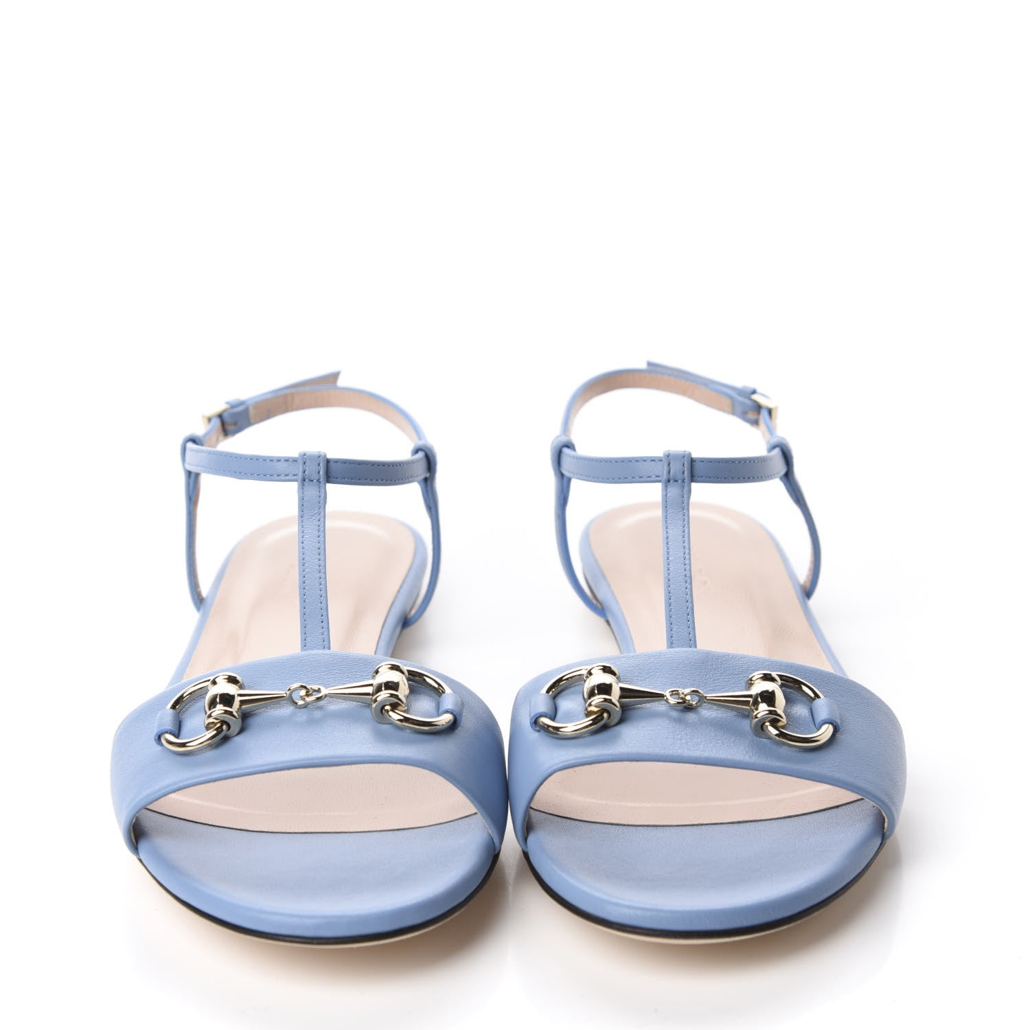 Gucci Calfskin Horsebit T-Strap Flat Sandals 35.5 Porcelain Light Blue 2 of 9