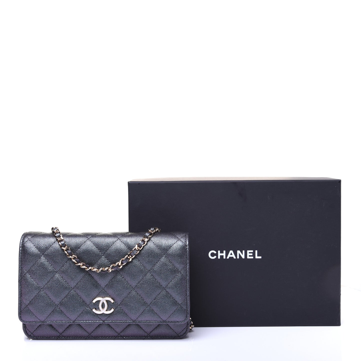 Iridescent Caviar Quilted Wallet On Chain WOC Black