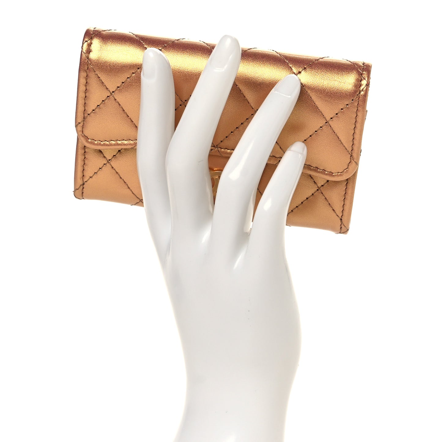 Metallic Lambskin Quilted Flap Card Holder Wallet Golden