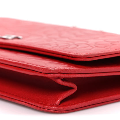 Chanel Lambskin Camellia Embossed Wallet on Chain WOC Red 11 of 12