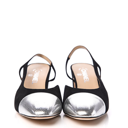 Chanel Kid Suede Metallic Lambskin Cap Toe CC Slingback Pumps 40 Black Silver 2 of 10