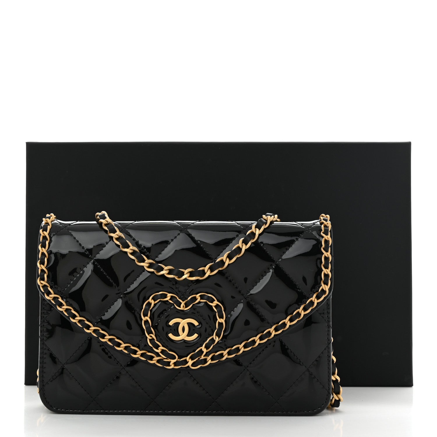 Chanel Patent Quilted Chain Around Heart Wallet On Chain WOC Black 12 of 12