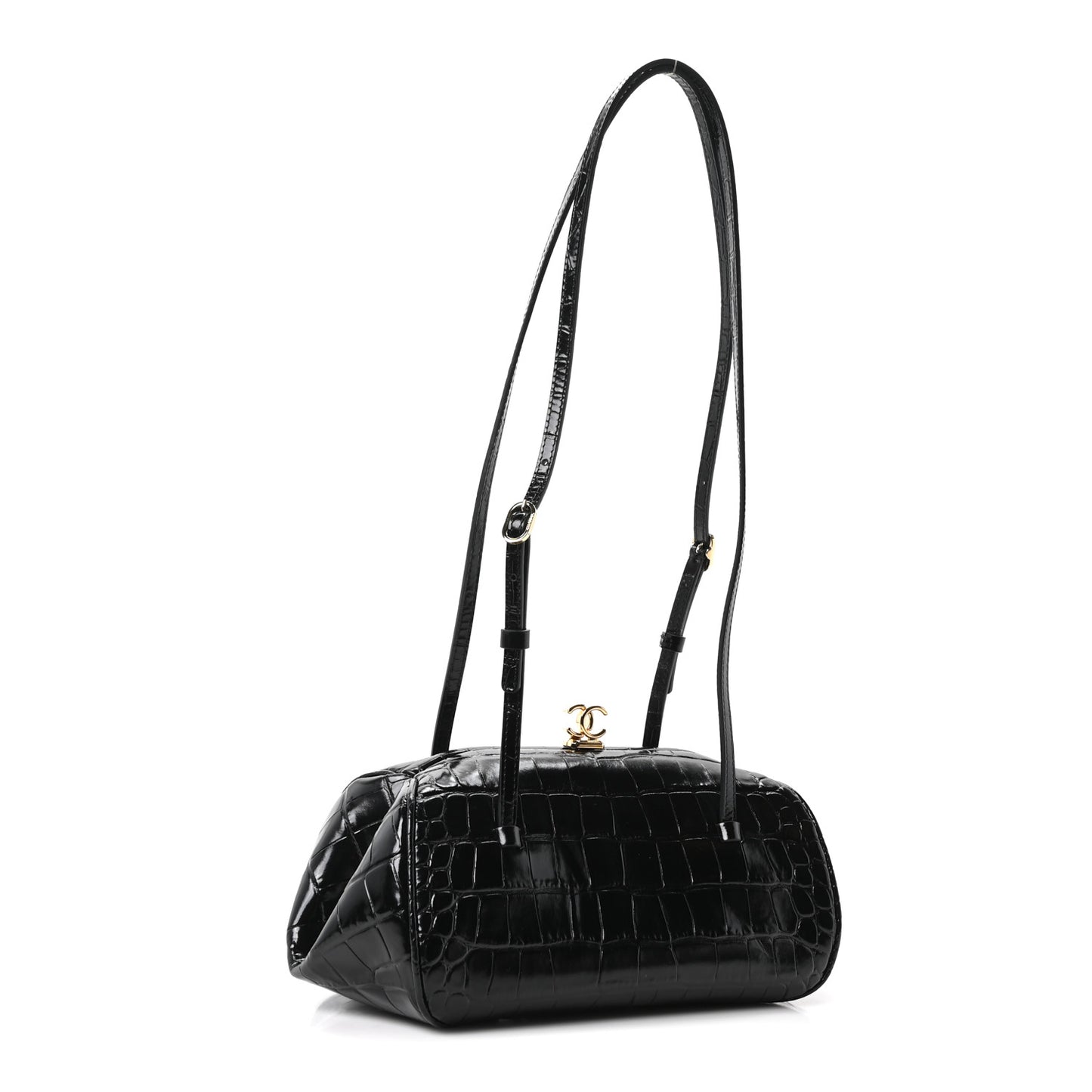 Calfskin Crocodile Embossed Pretty CC Clutch With Strap Black