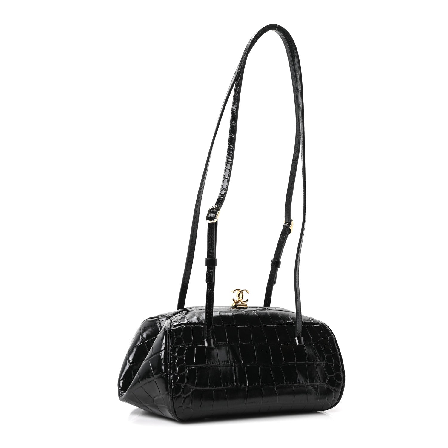 Chanel Calfskin Crocodile Embossed Pretty CC Clutch With Strap Black 3 of 10