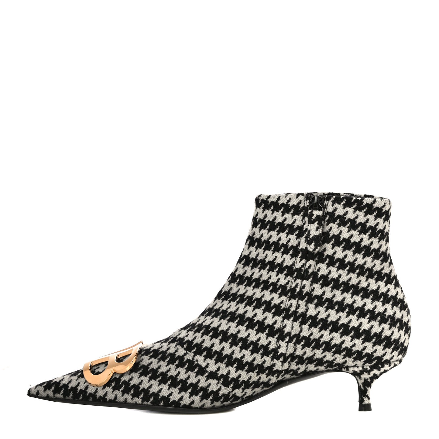 Wool Houndstooth BB Pointy Toe Ankle Booties 39 Black Ivory