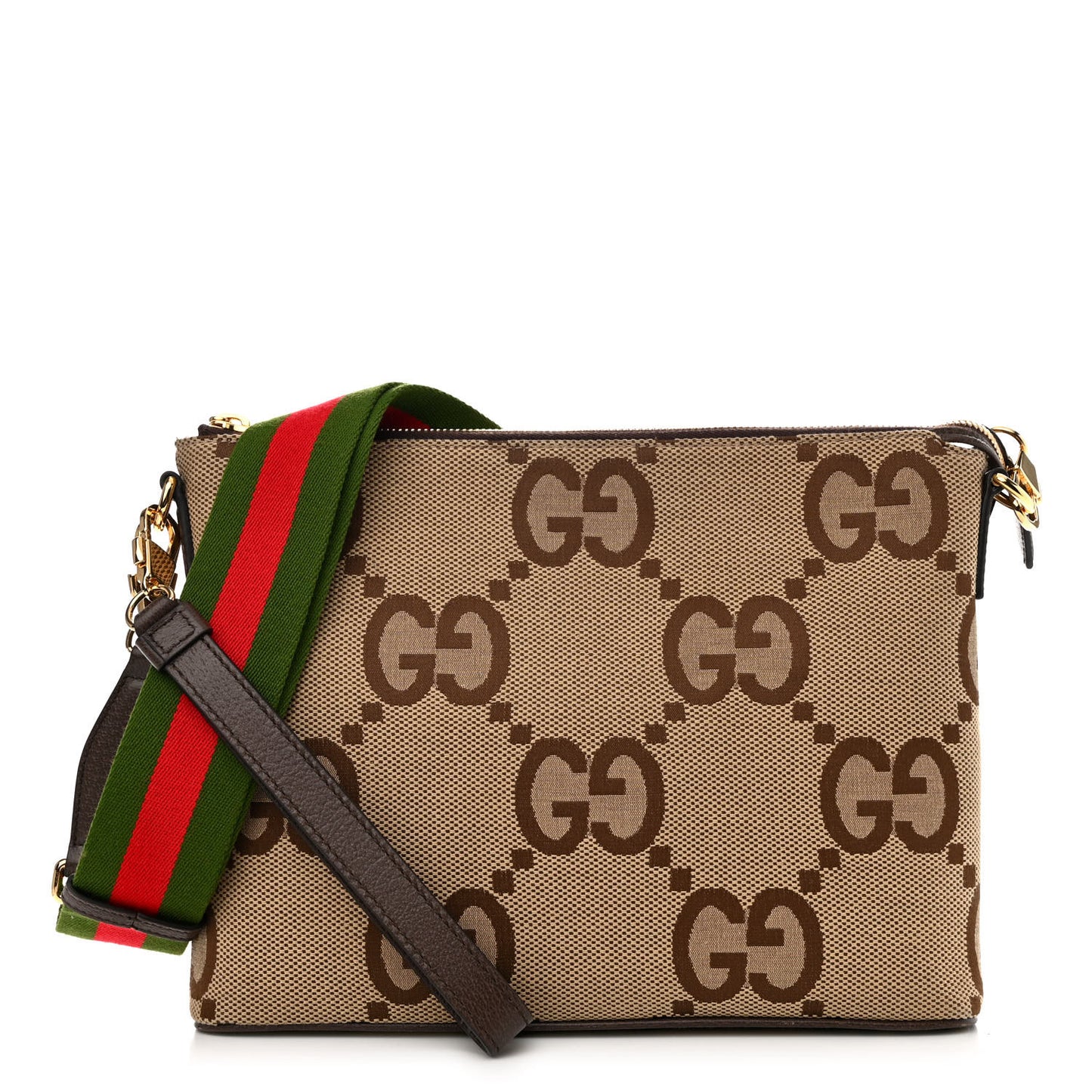 Monogram Jumbo GG Textured Dollar Calfskin Web Wristlet Messenger Bag Camel Ebony New Acero
