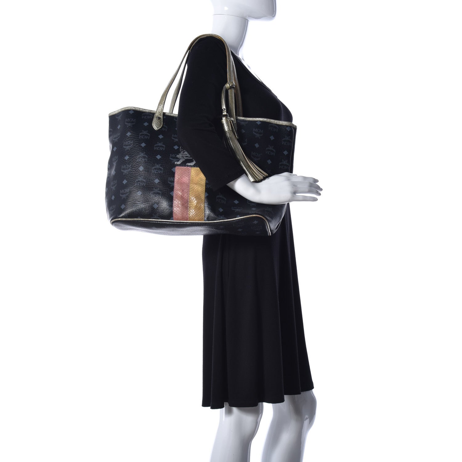 MCM Visetos Striped Munich Lion Tote Black 3 of 13