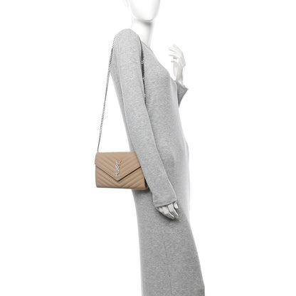 Saint Laurent Grain De Poudre Matelasse Chevron Cassandre Chain Wallet Dark Beige 2 of 12
