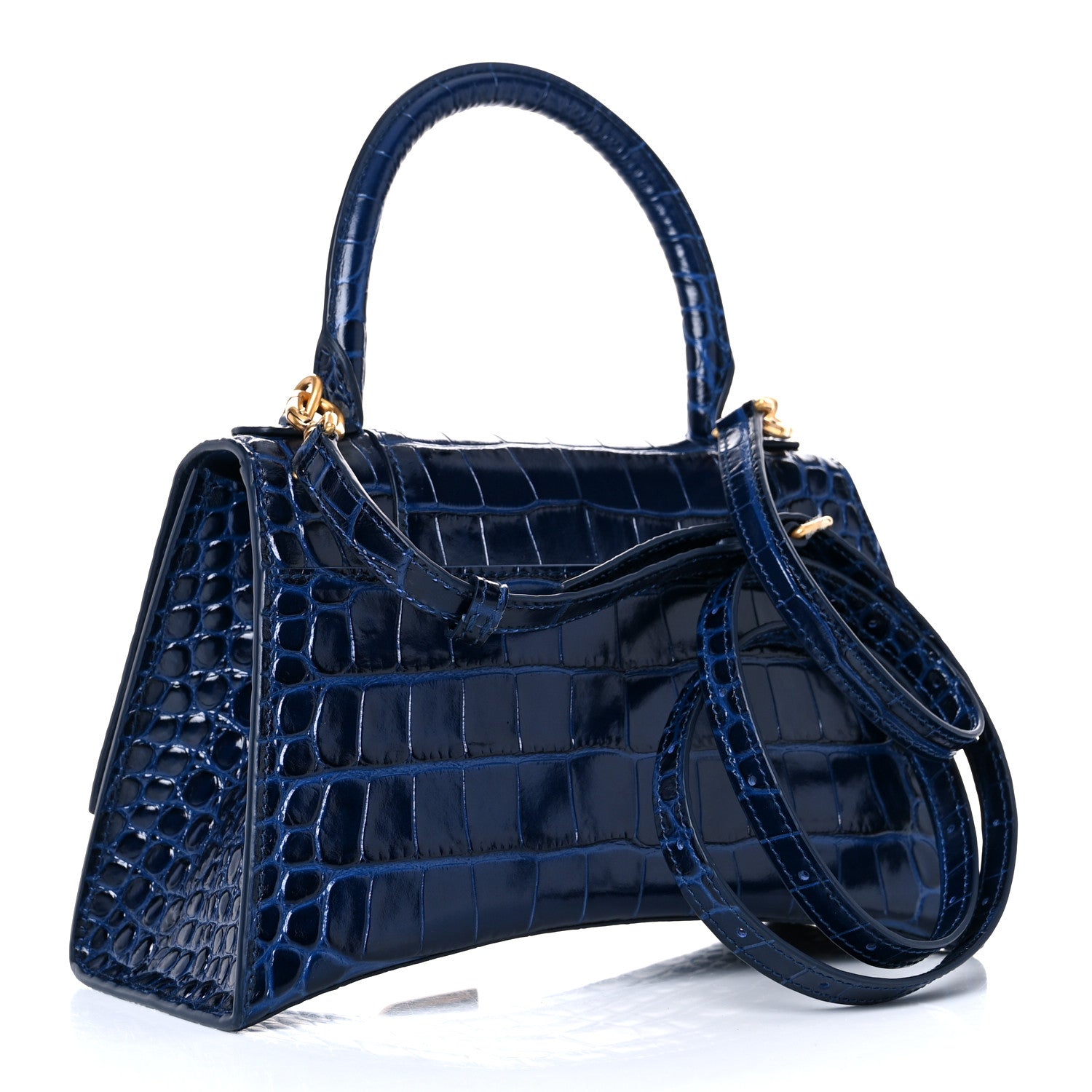Balenciaga Shiny Calfskin Crocodile Embossed Small Hourglass Top Handle Bag Navy 3 of 14