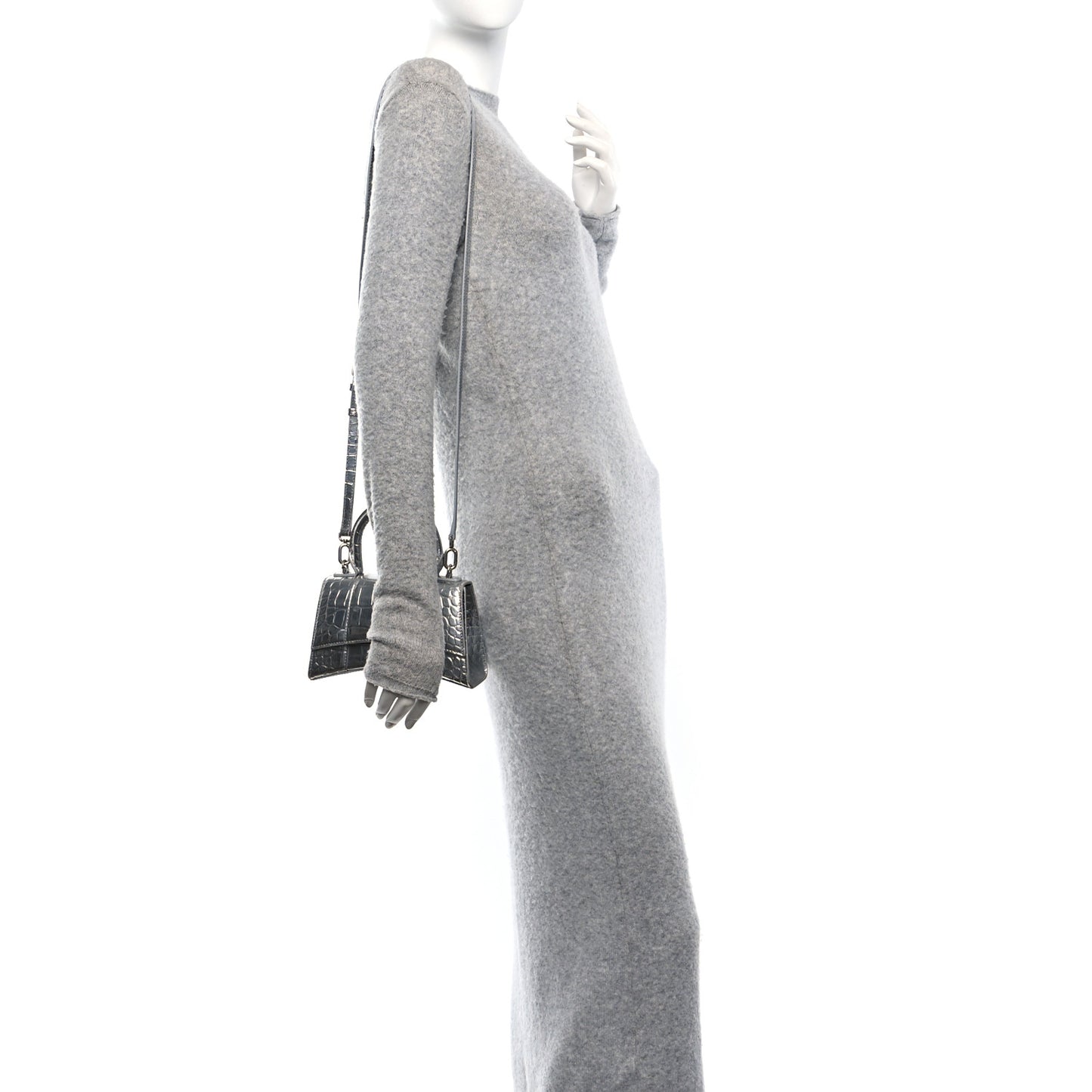 Metallic Calfskin Crocodile Embossed Hourglass Top Handle Bag XS Silver