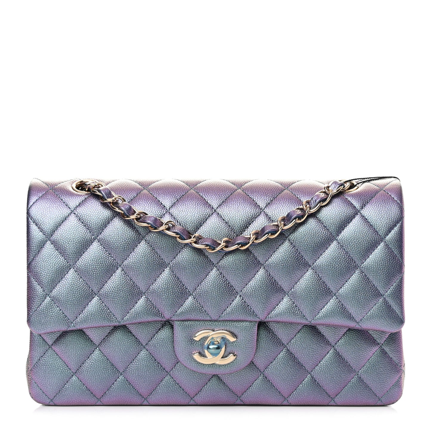 Iridescent Caviar Quilted Medium Double Flap Dark Blue