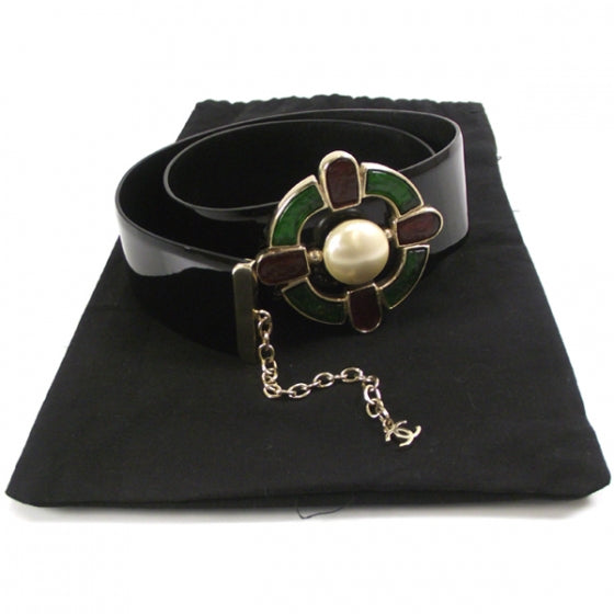 Patent Leather Pearl Jeweled Belt Black