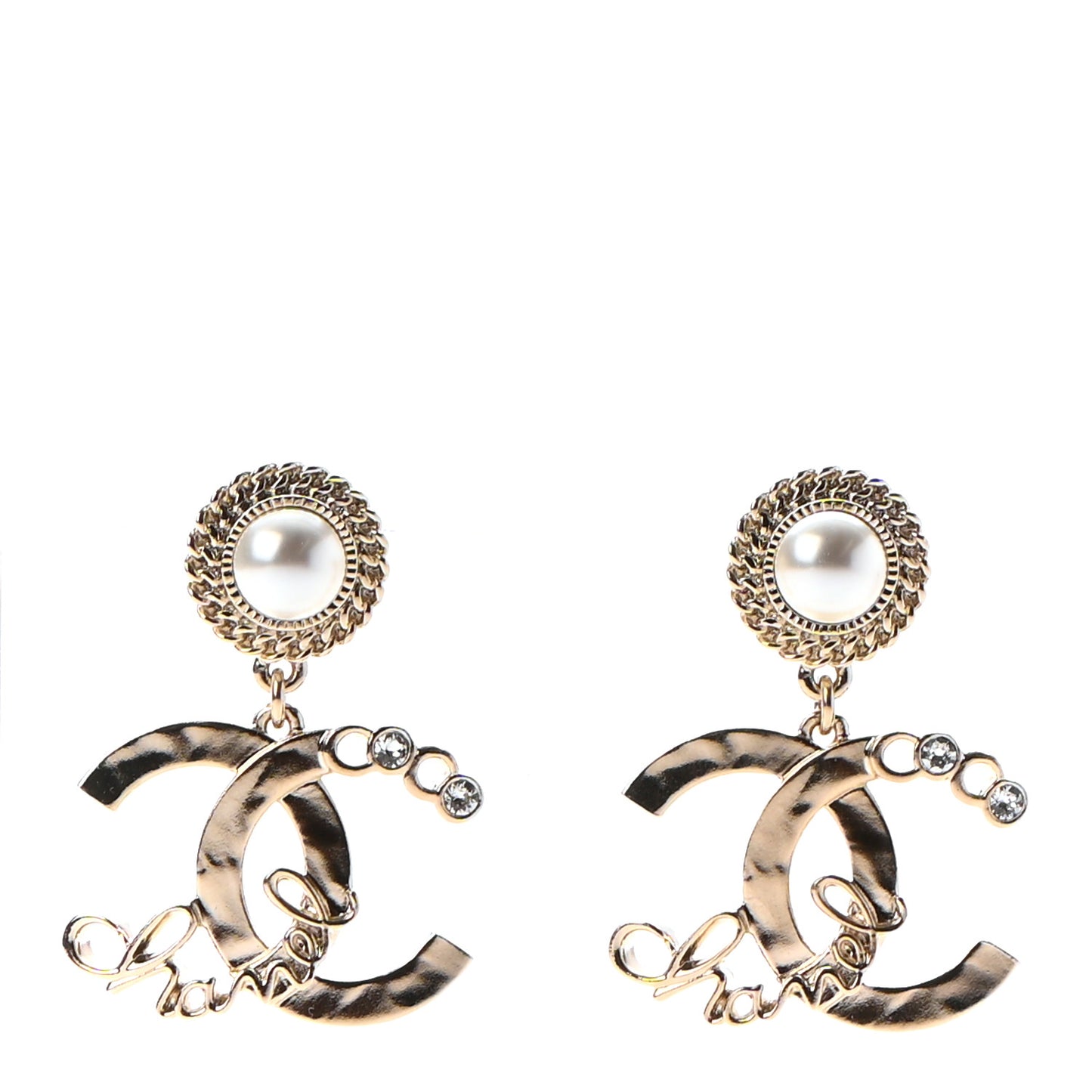 Metal Pearl Crystal Coco Script CC Drop Earrings Gold