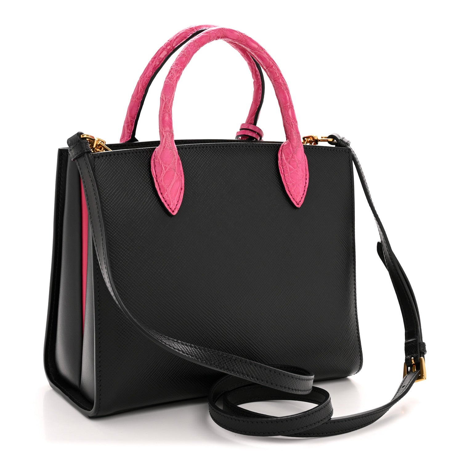 Prada Saffiano Cuir Crocodile Mini Double Bag Black Magenta