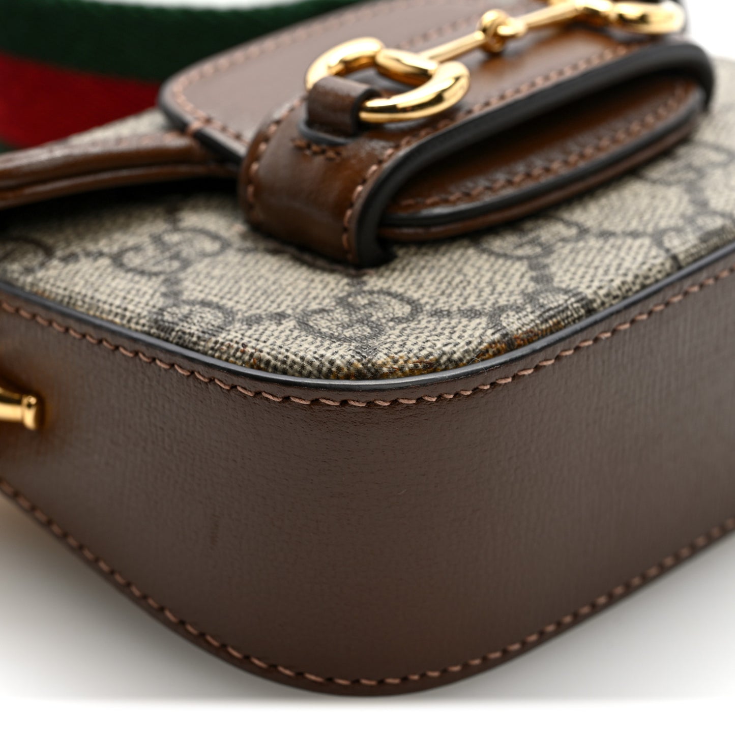 GG Supreme Monogram Azalea Calfskin Web Horsebit 1955 Wallet On Strap Beige Ebony Brown Sugar