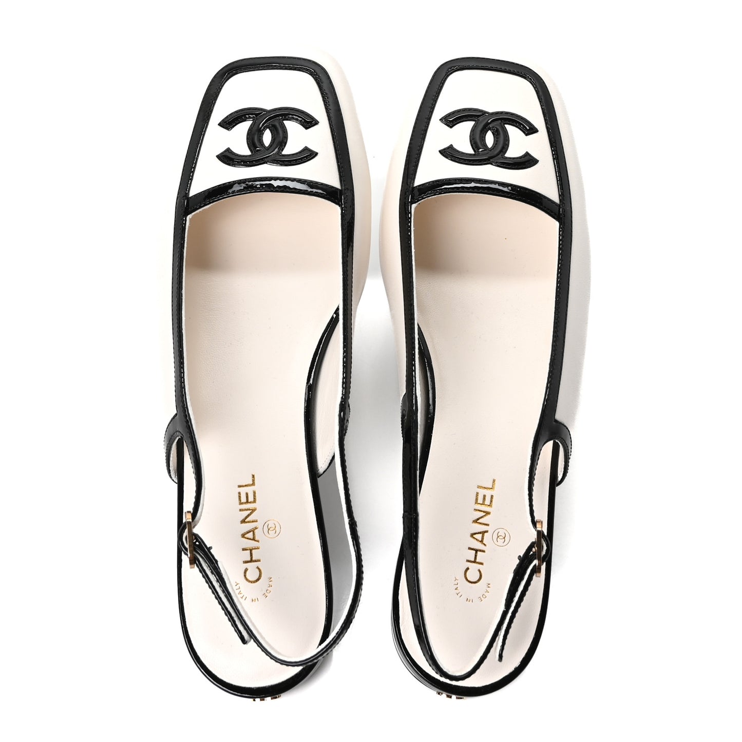 Lambskin Patent Calfskin CC Square Toe Slingbacks 39 White Black