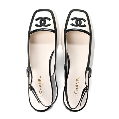 Chanel Lambskin Patent Calfskin CC Square Toe Slingbacks 39 White Black 2 of 10
