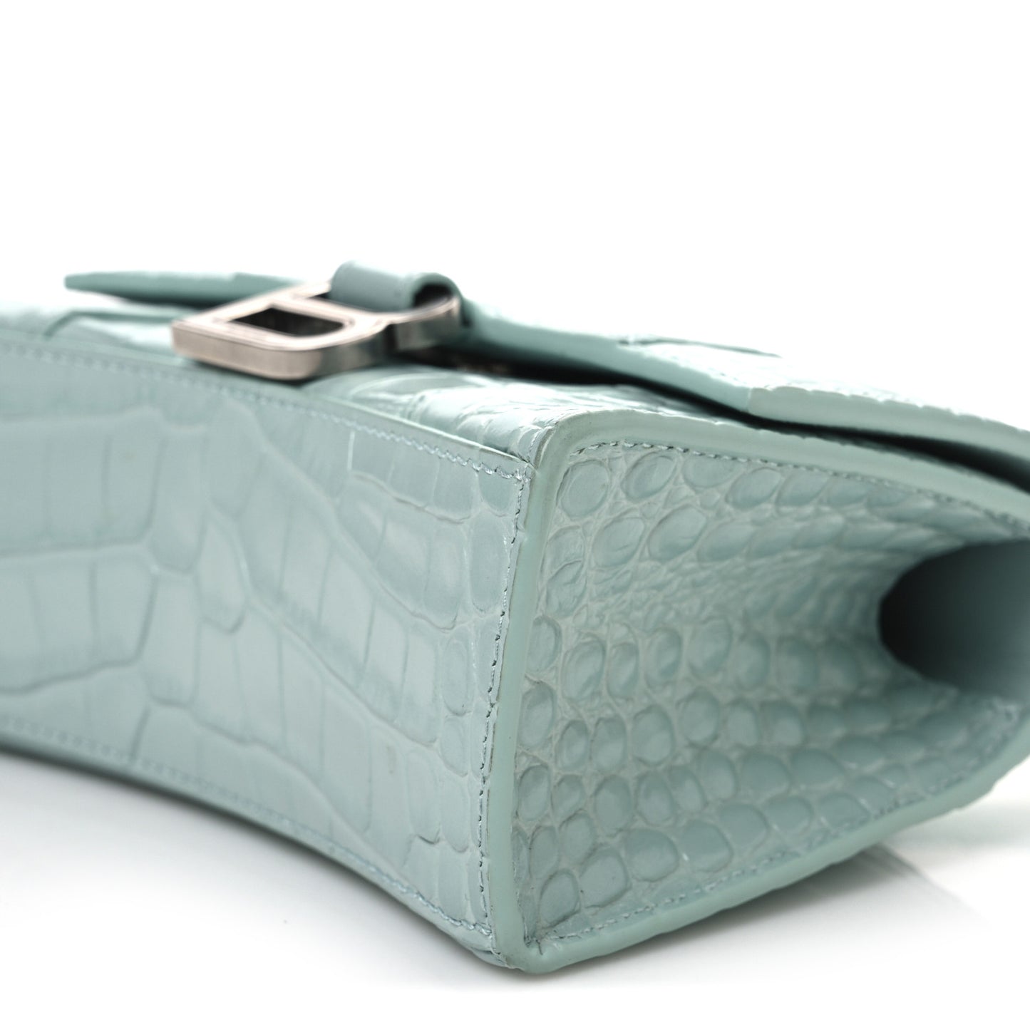 Shiny Calfskin Crocodile Embossed Hourglass Top Handle Bag XS Green Acqua